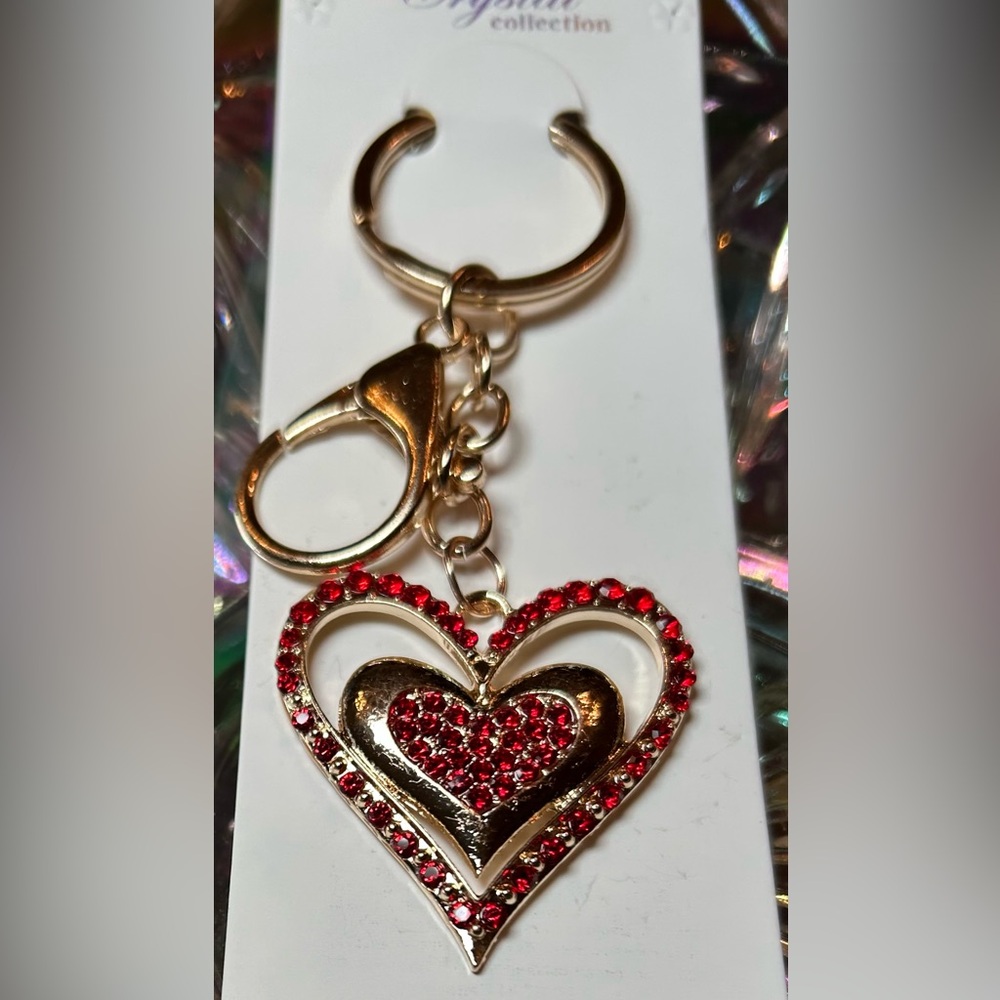 Gold & Red Rhinestone Heart in a Heart, Keychain & Purse Charm. NWT